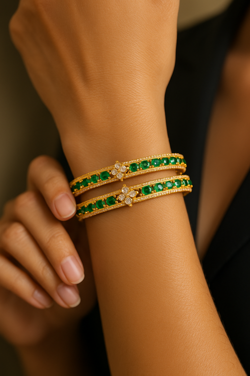 2 Piece Set Artificial 2.4 Indian High Quality  Stone Bangle Gold Plated & Green