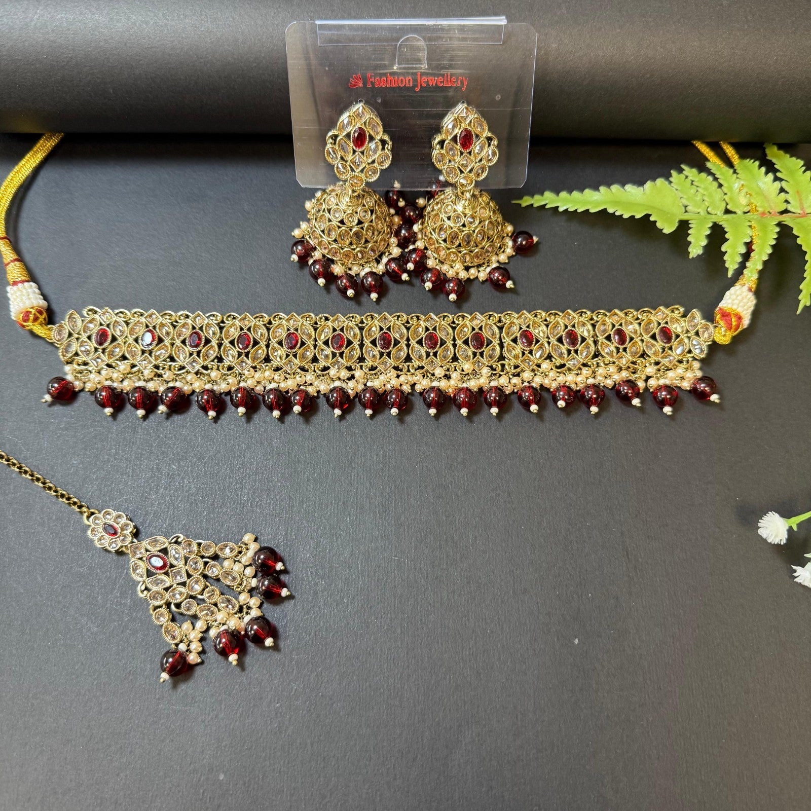Indian Polki Choker Necklace Set Jhumka Maang Tikka Bridal Jewelry Maroon