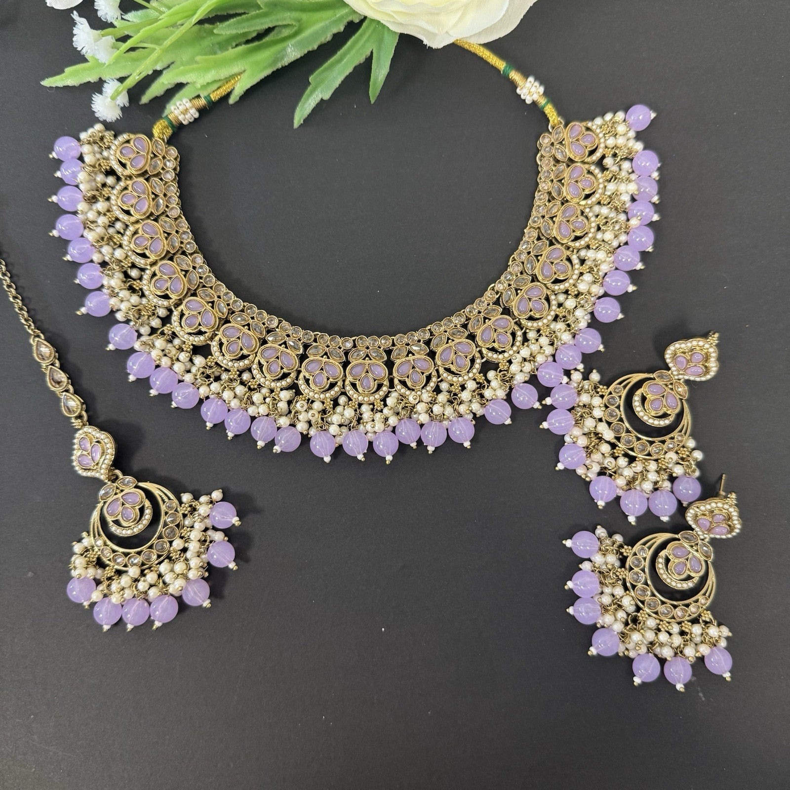Polki Jewellery Necklace and Earring Set Indian Pakistani Lilac