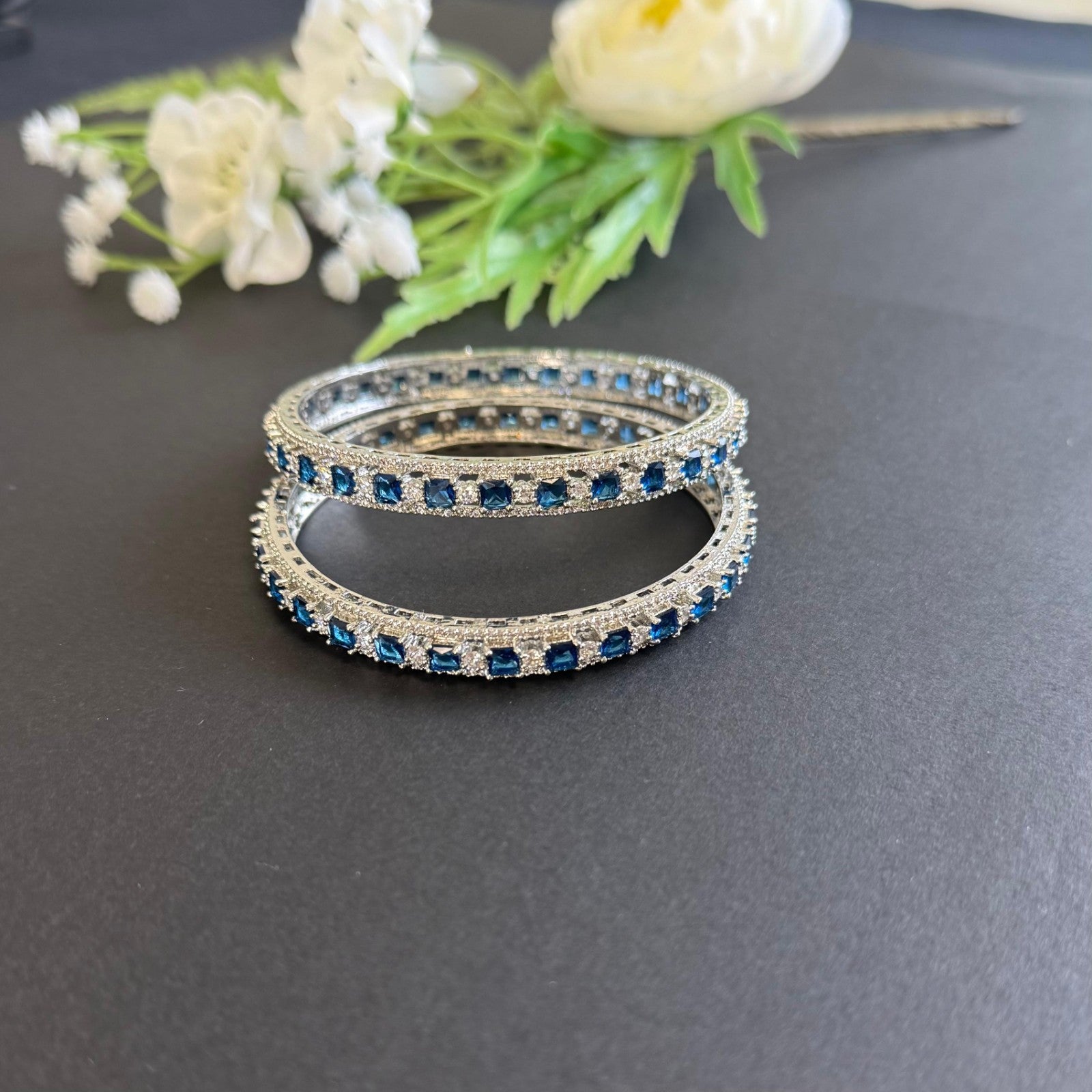 Silver Bangles Blue Stones  Women’s Indian Wedding Jewelry Bridal Bracelet Set