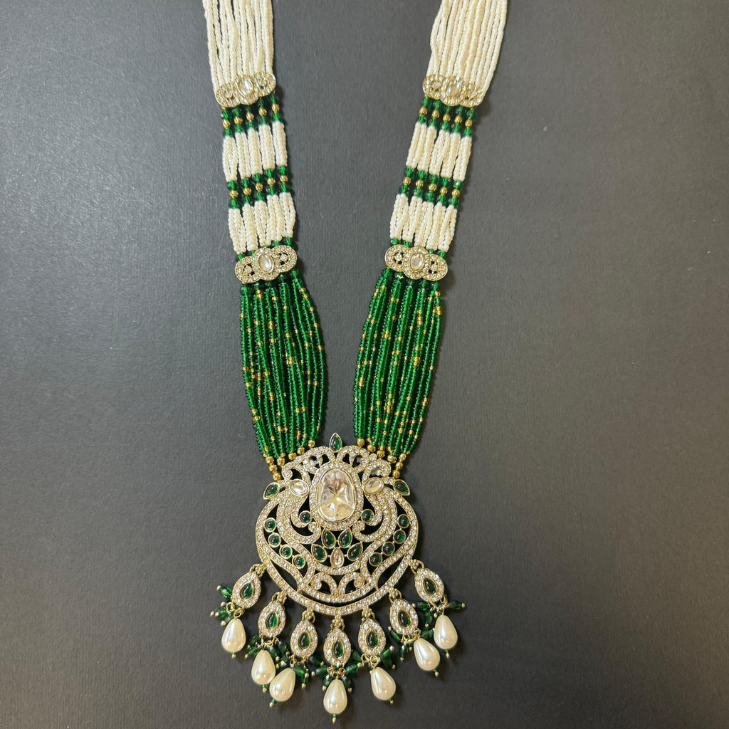 Bridal Kundan American Diamond Jewelry Set – Green &White Beaded Necklace