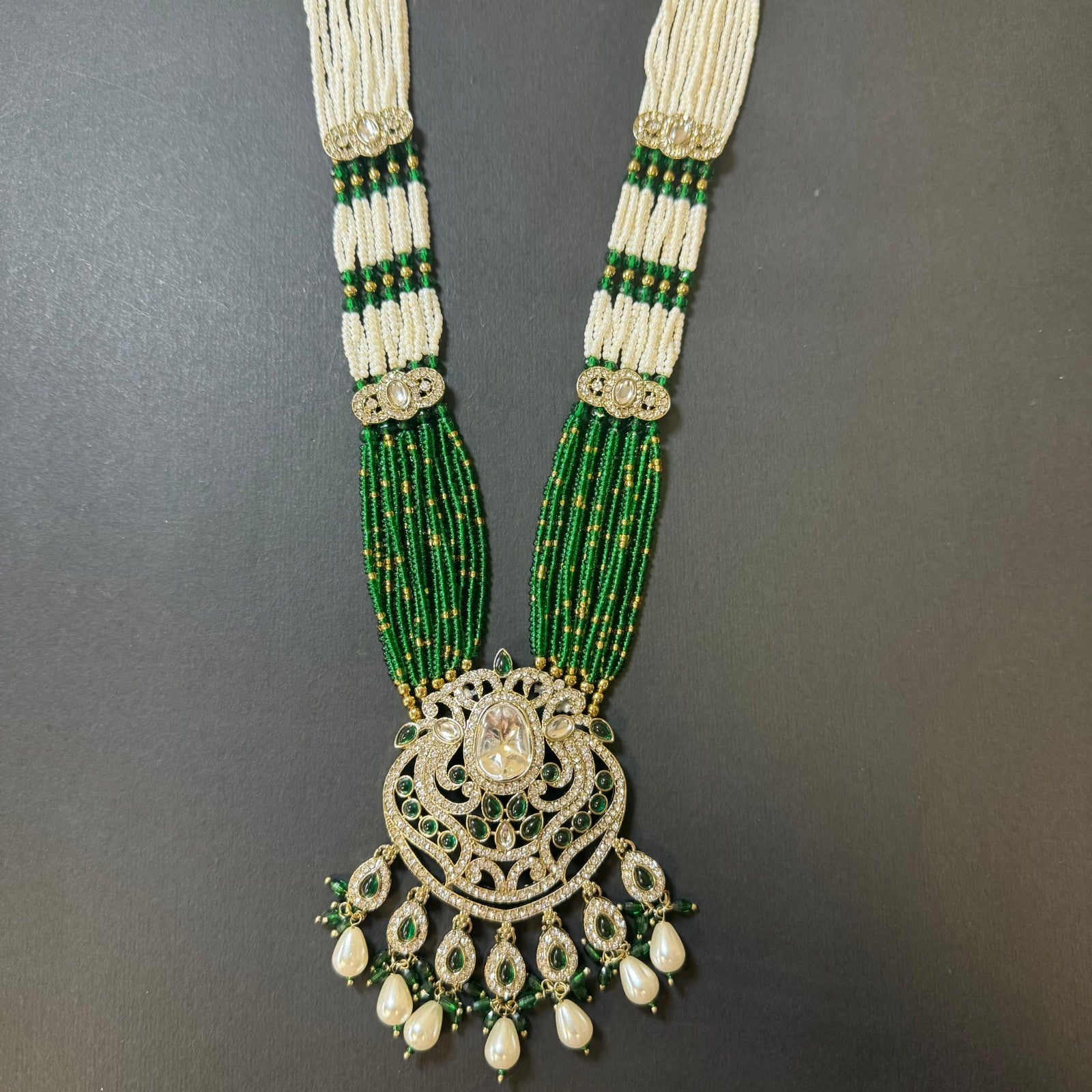 Bridal Kundan American Diamond Jewelry Set – Green &White Beaded Necklace