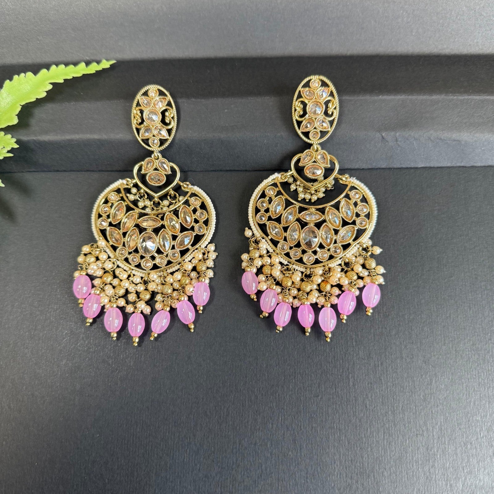 Indian Diamond Cut Earrings Tikka Set Baby Pink Beaded Kundan Jewelry Party Set