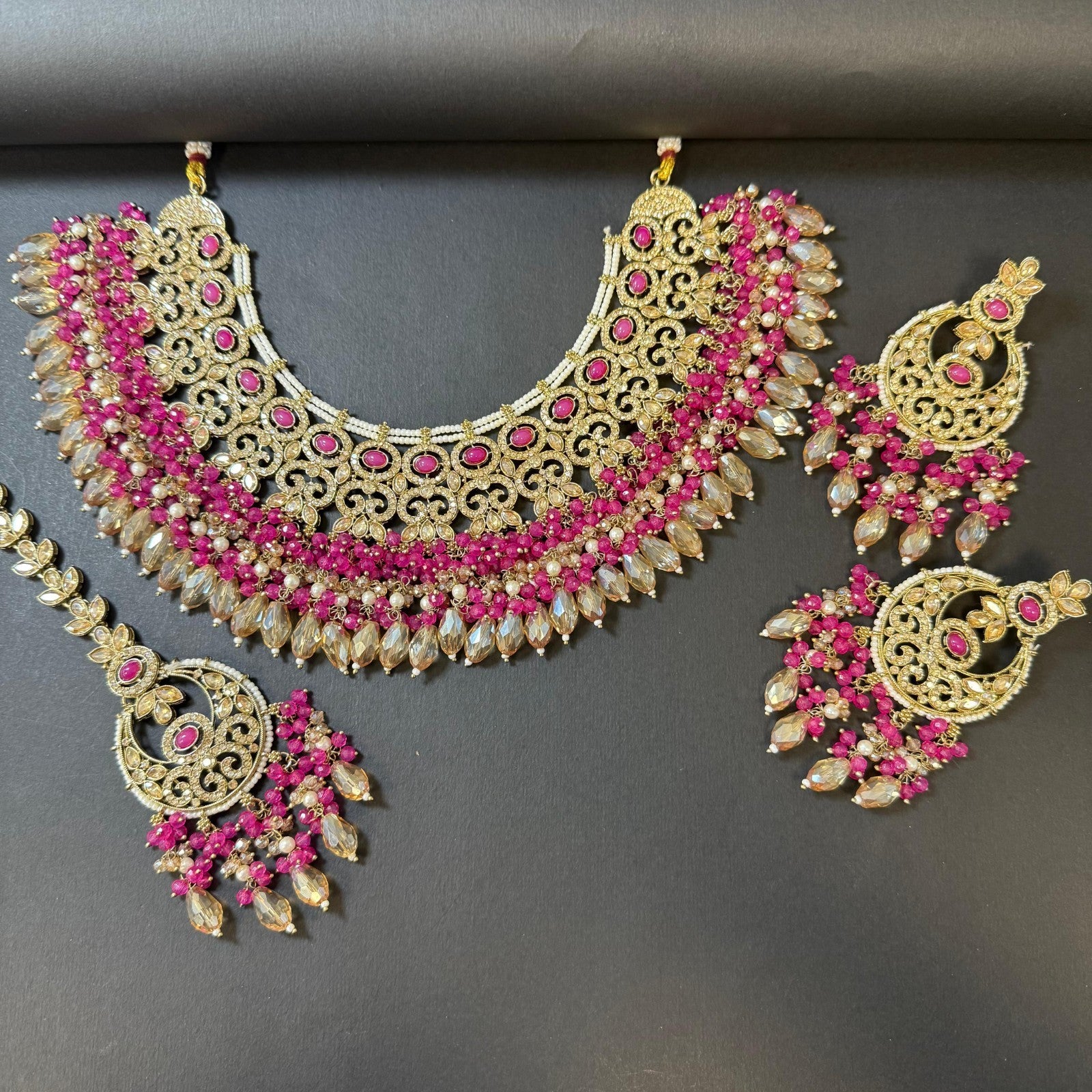 Indian Shocking Pink Wedding Jewelry Set  Kundan Necklace Earrings Maang Tikka