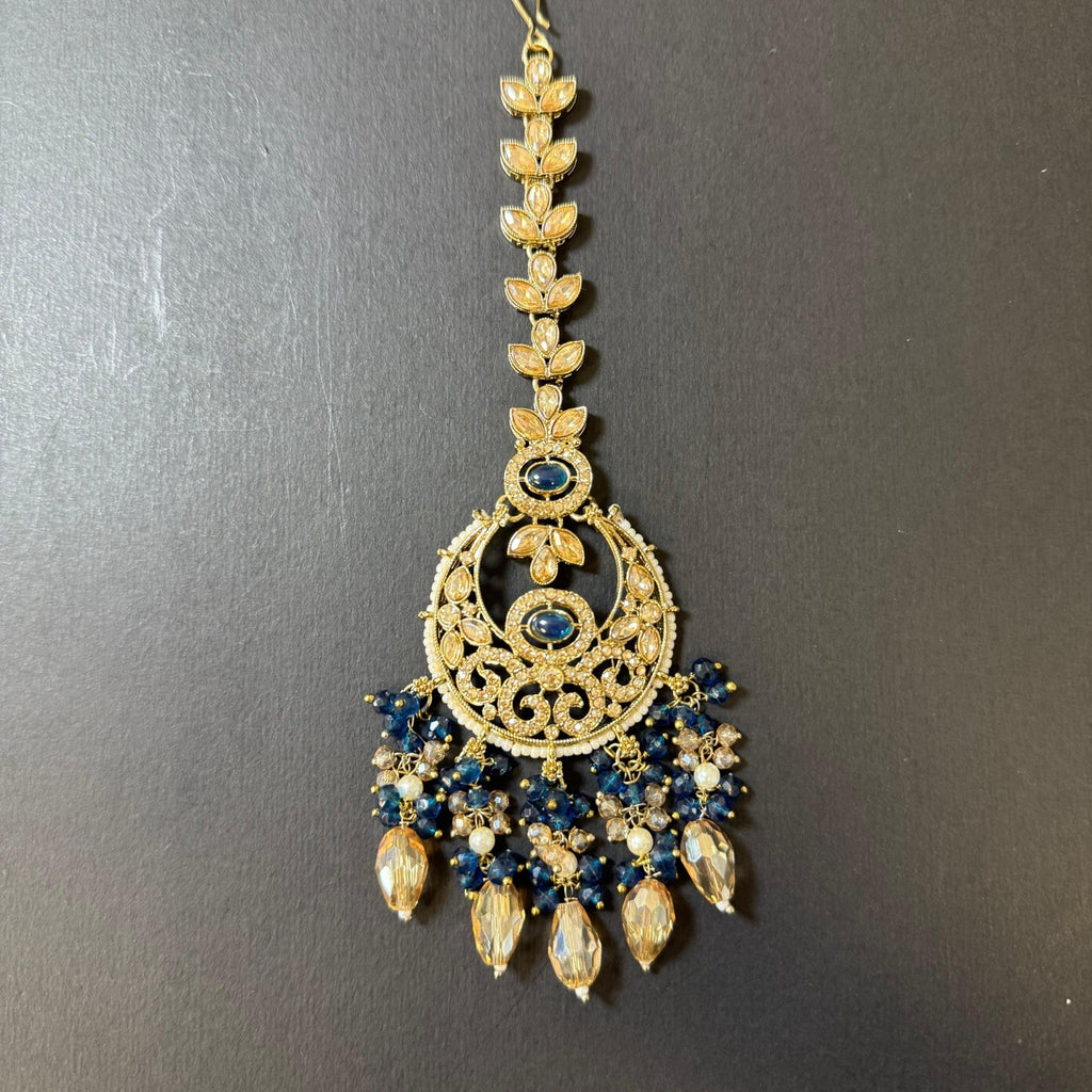 Blue Jewelry Set Gold Plated Pearl Necklace Earrings Maang Tikka Indian Wedding