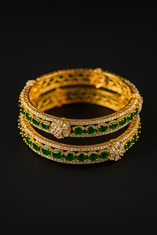 2 Piece Set Artificial 2.6 Gold Plated Bangles Green Stone & CZ Crystal Bridal