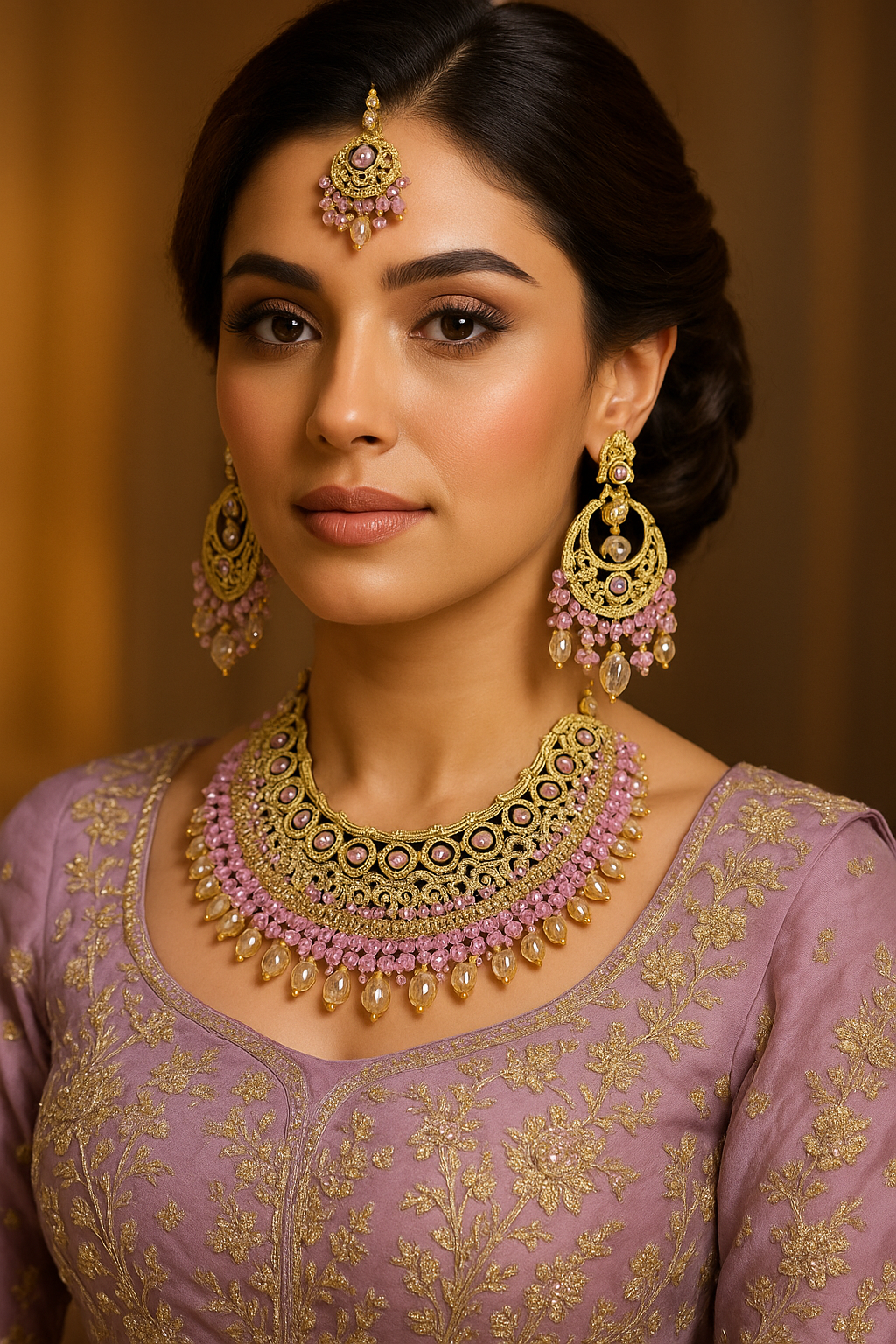 Bollywood Indian Pakistani Wedding Polki Necklace Set Lilac Gold Choker Earrings