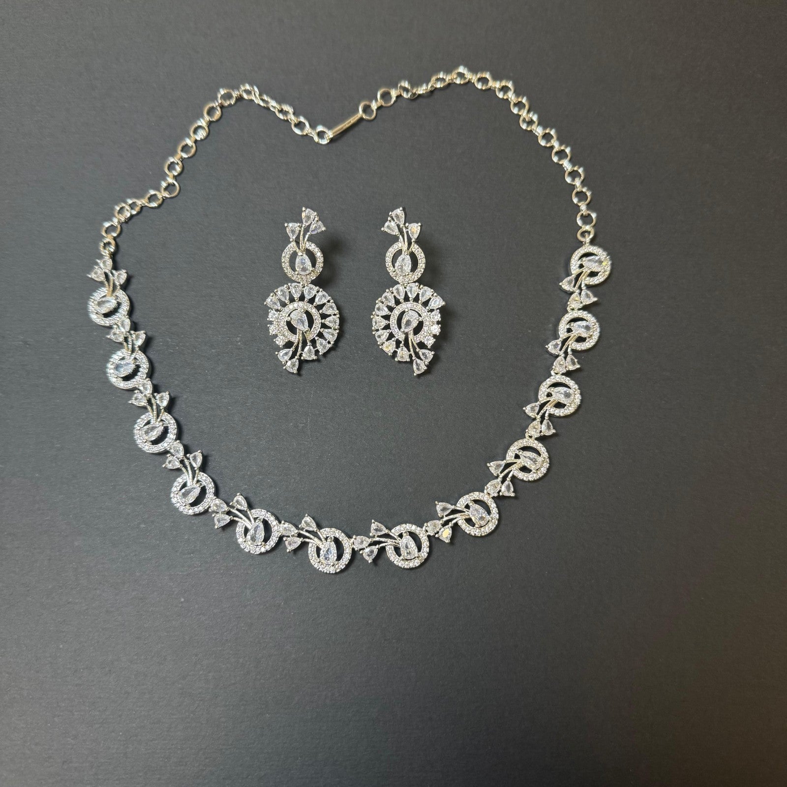 American Diamond (AD) Necklace Earrings Set Wedding Party Jewelry Silver Plated