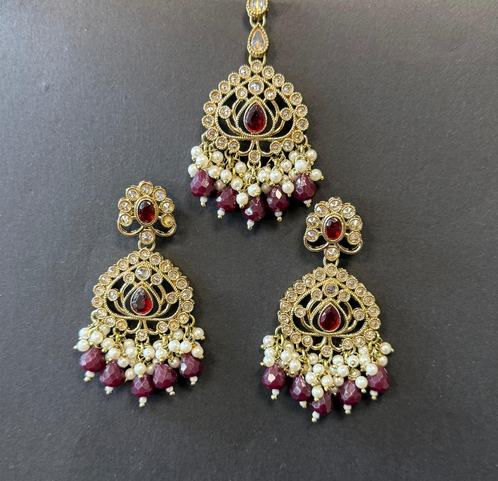 Indian Polki Choker Necklace Set Maroon Beads Gold Finish Earrings Tikka