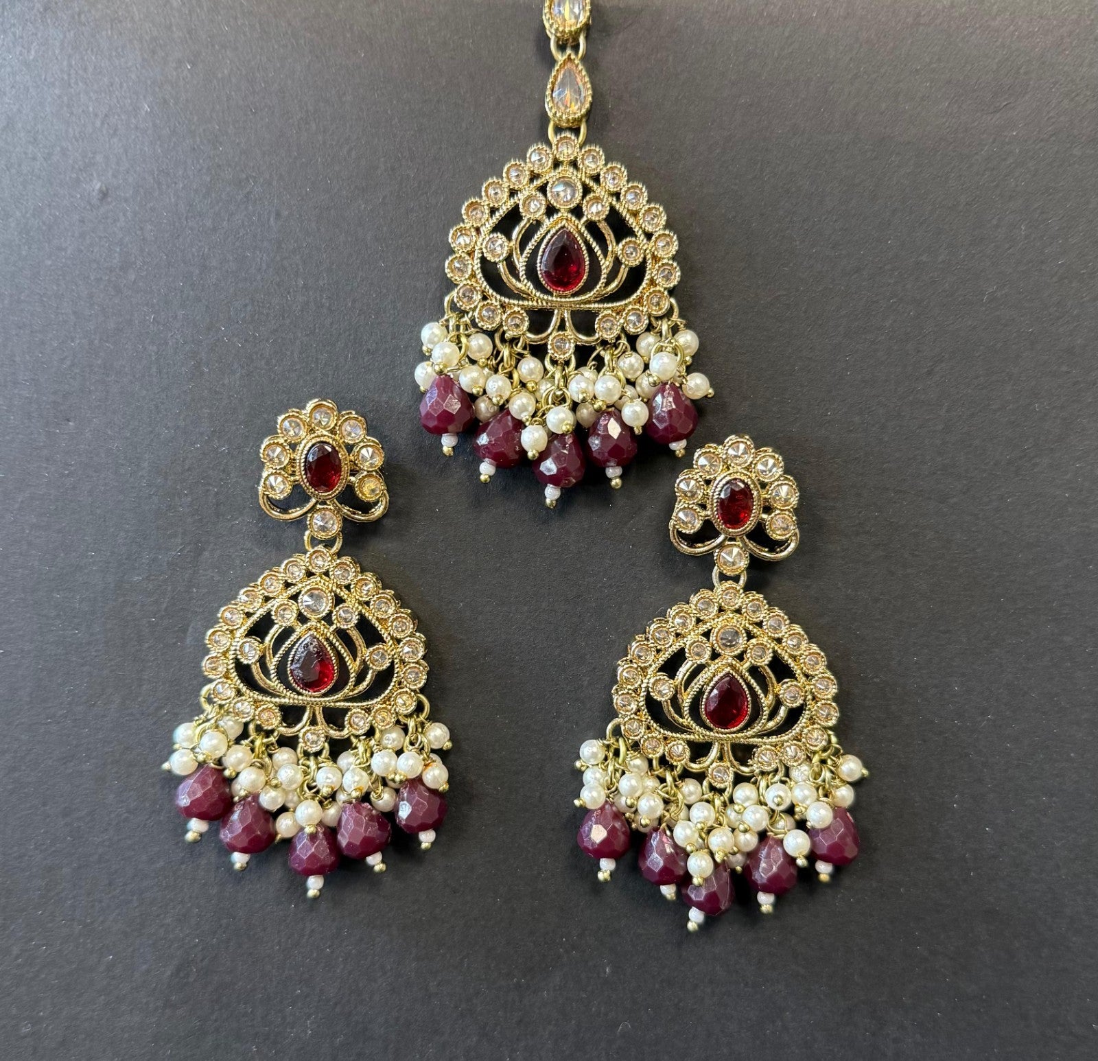 Indian Polki Choker Necklace Set Maroon Beads Gold Finish Earrings Tikka