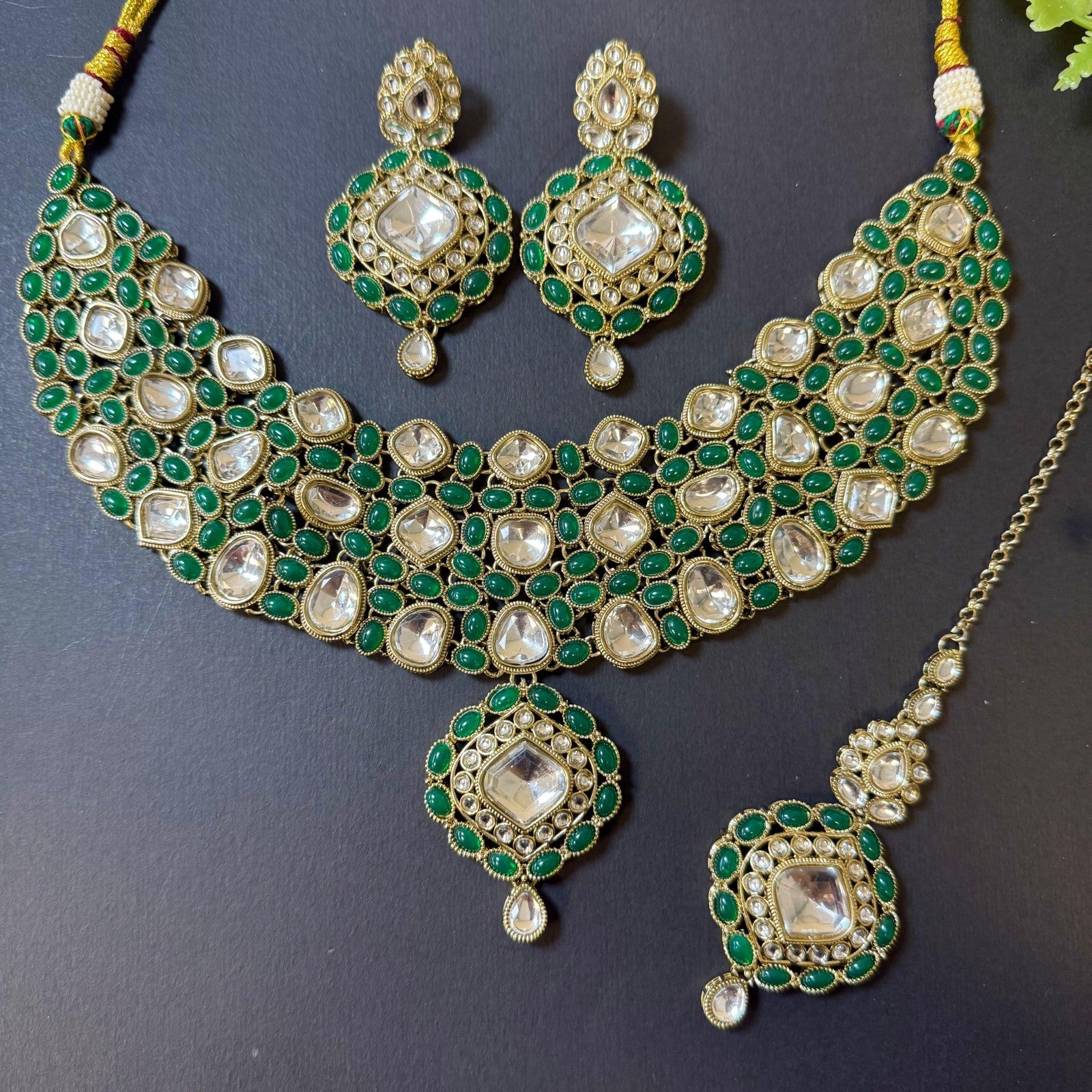 Indian UnCut Kundan Monalisa Stone Necklace Set Earrings Tikka Green Gold Plated