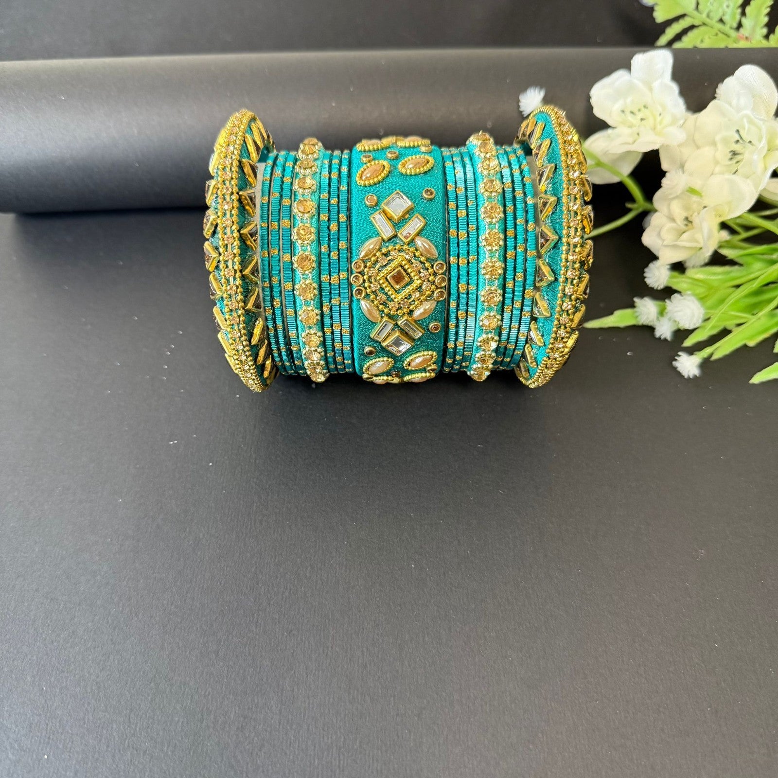 2.6 Teal Green Party Bangles Set Traditional Indian Wedding Churi  Jewelry Sets