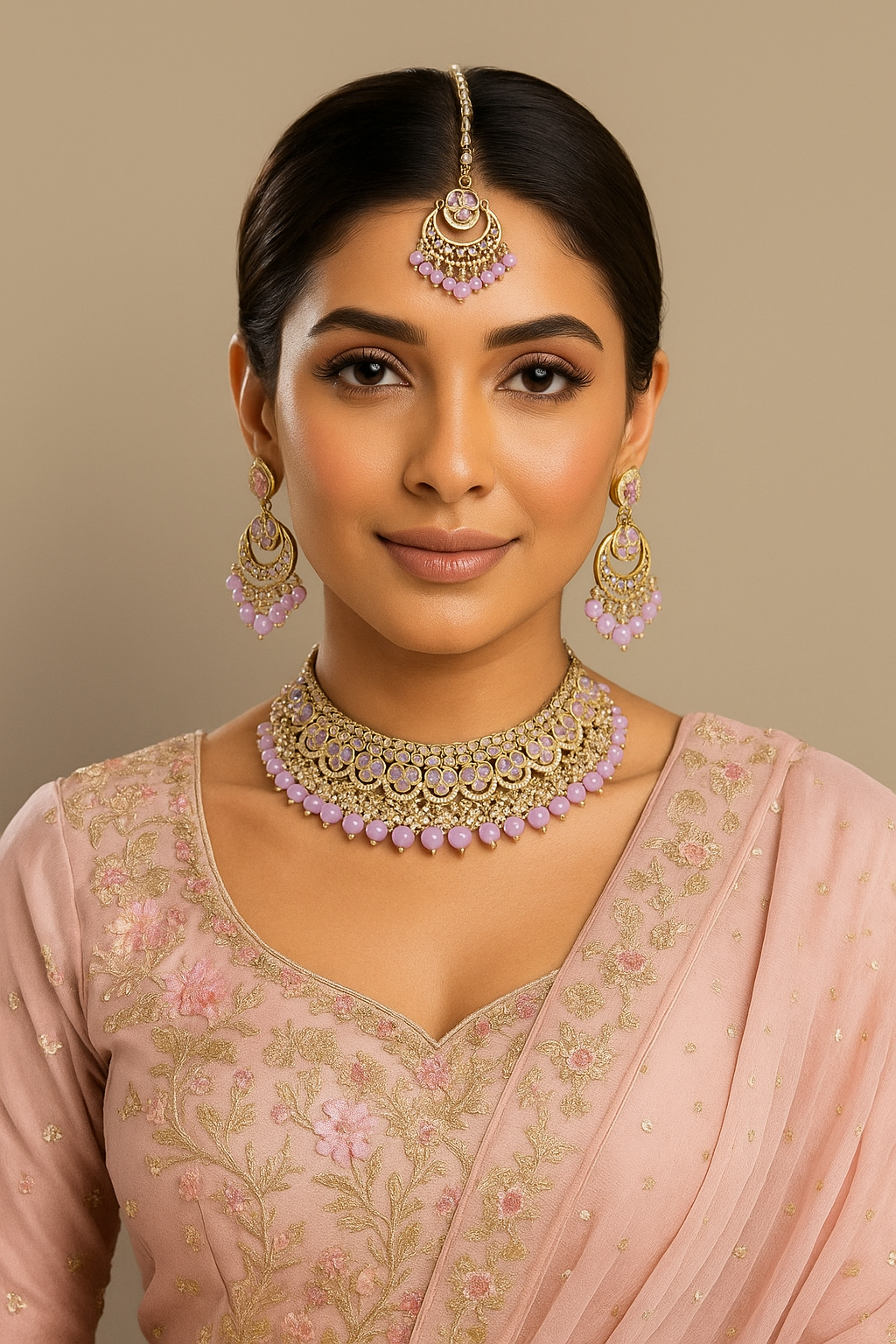 Polki Jewellery Necklace and Earring Set Indian Pakistani Lilac
