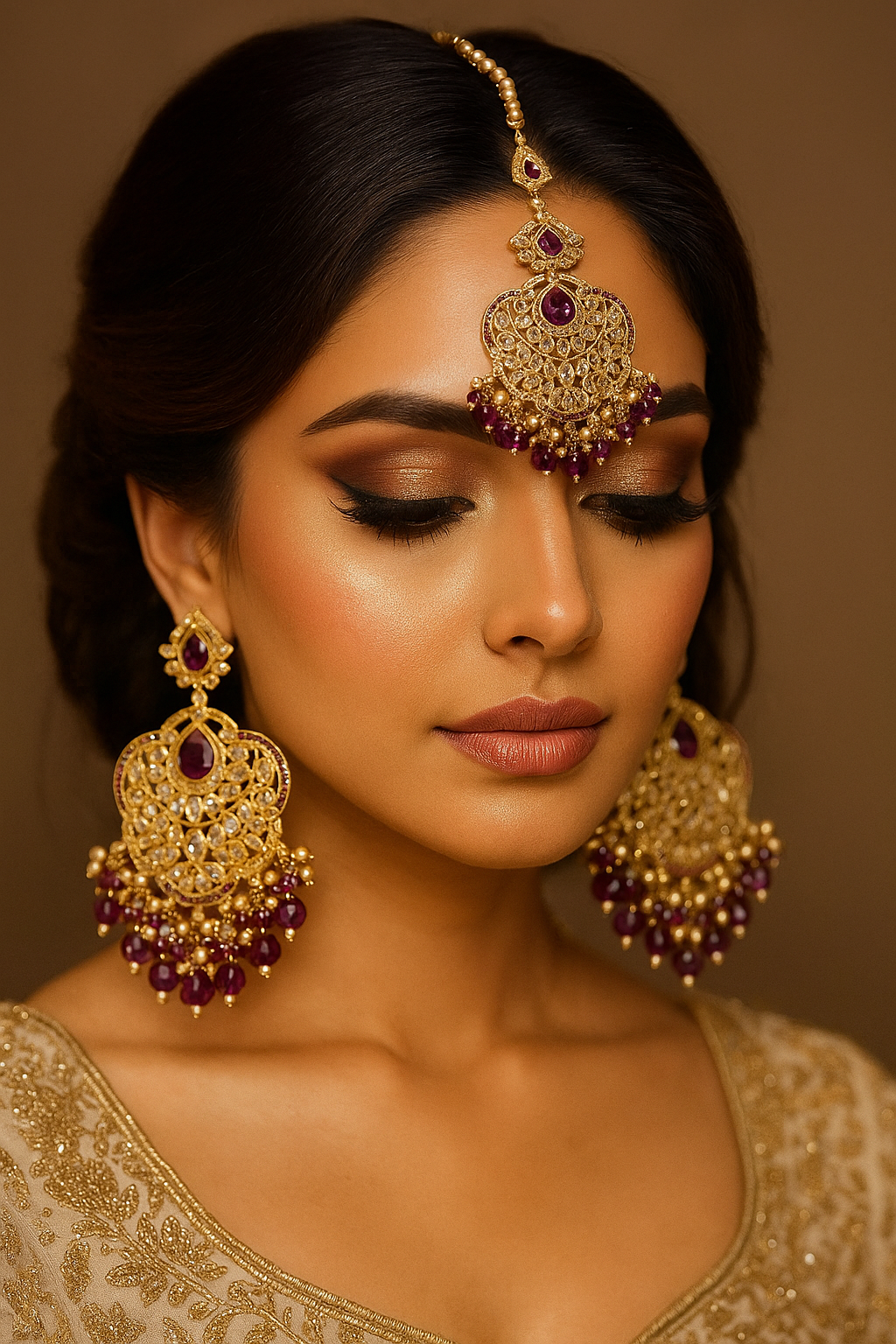 Gold Purple Jewelry Set Earrings Maang Tikka Indian Wedding Jewelry Stones Pearl