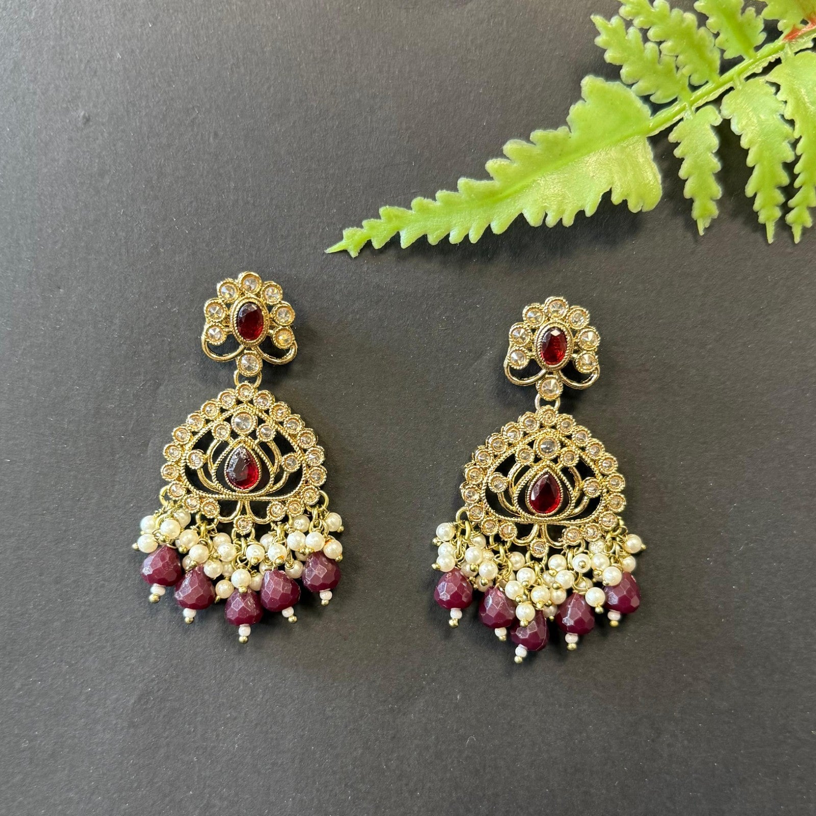 Indian Polki Choker Necklace Set Maroon Beads Gold Finish Earrings Tikka