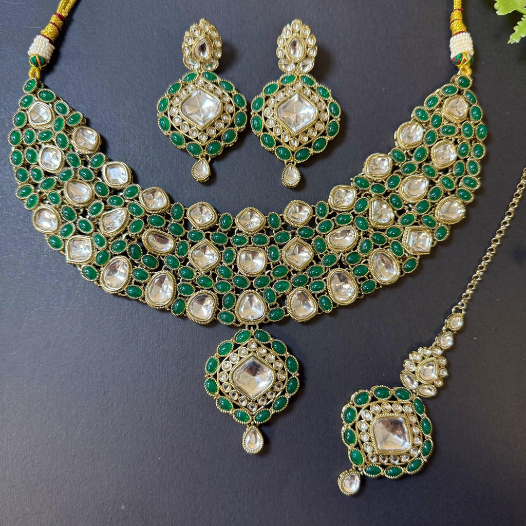 Indian UnCut Kundan Monalisa Stone Necklace Set Earrings Tikka Green Gold Plated