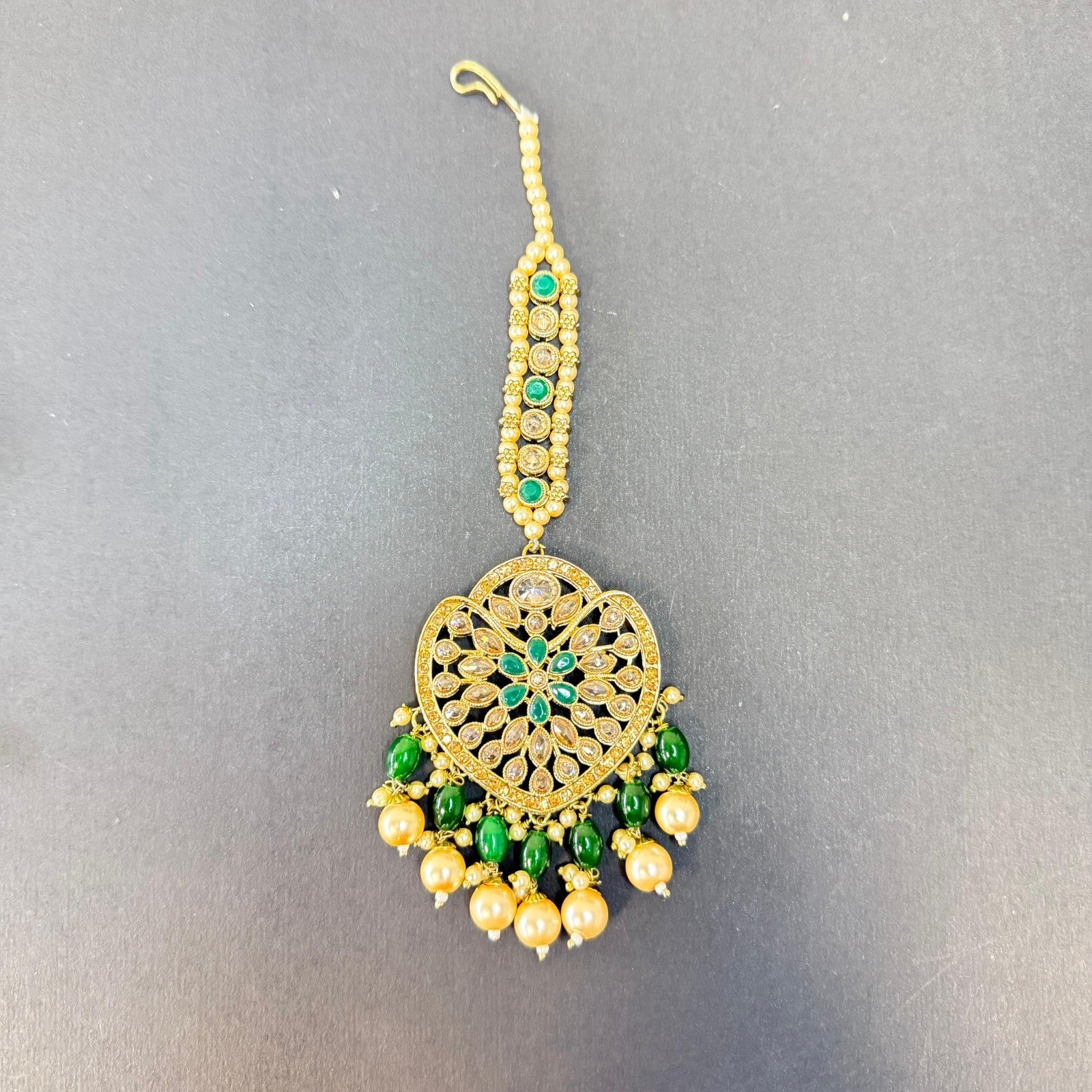 Indian Kundan Earring Tikka Set Gold-Plated Bridal Jewelry Green Stones Pearls