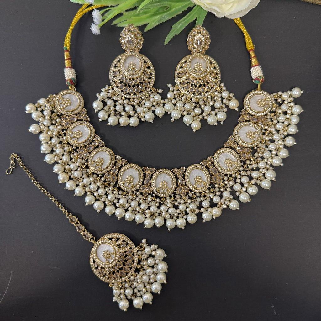 Luxury MOP Mother of Pearl Necklace and Earrings Maang Tikka Set