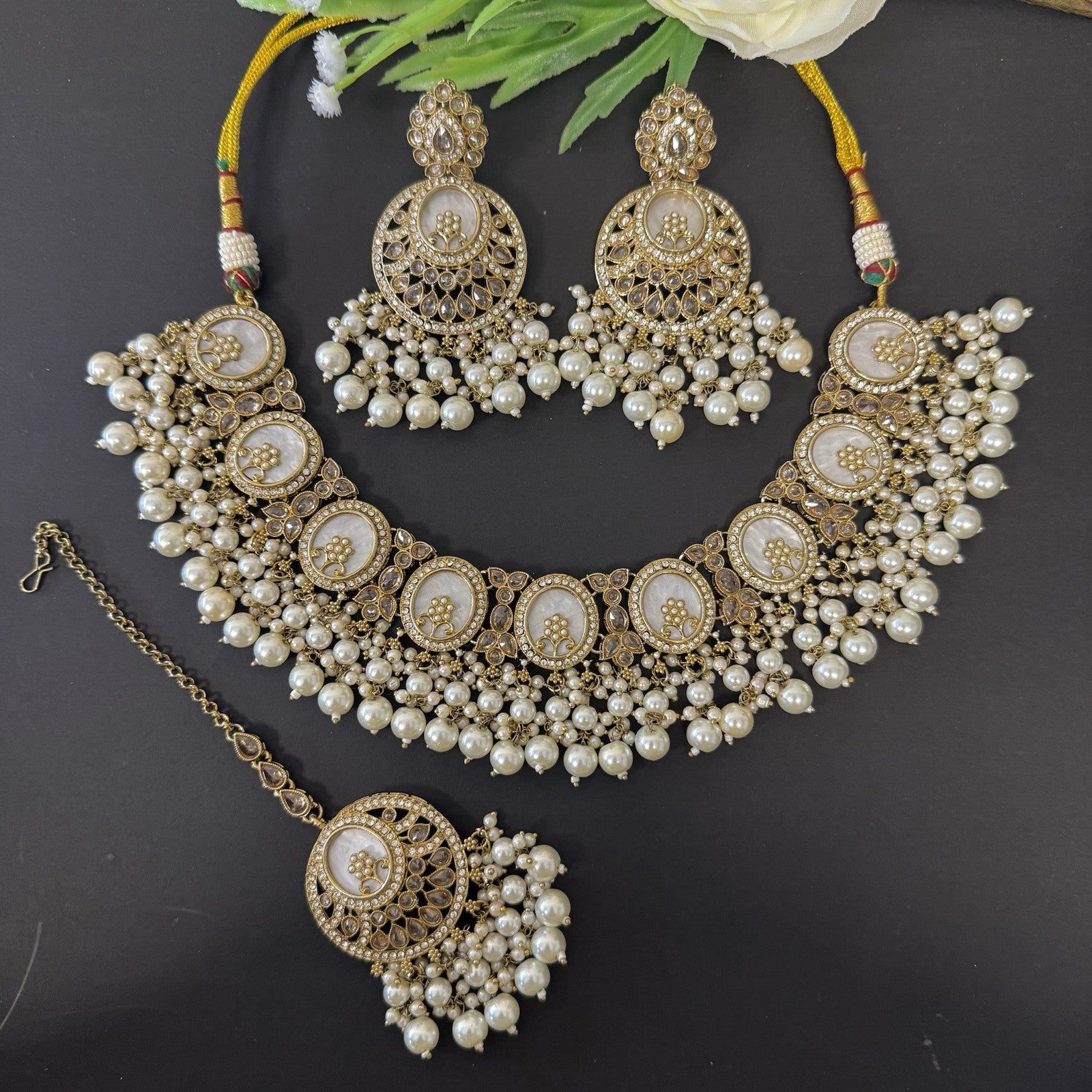 Luxury MOP Mother of Pearl Necklace and Earrings Maang Tikka Set