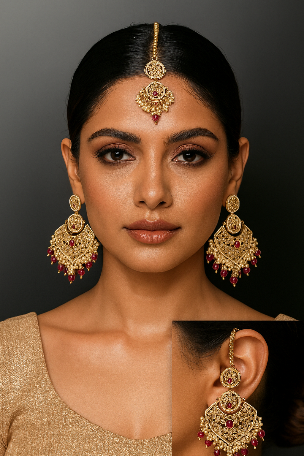 Chandbali Earrings Tikka Set Gold Ruby Polki Beads Bollywood Indian