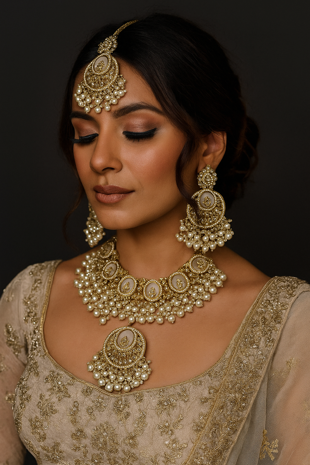 Luxury MOP Mother of Pearl Necklace and Earrings Maang Tikka Set