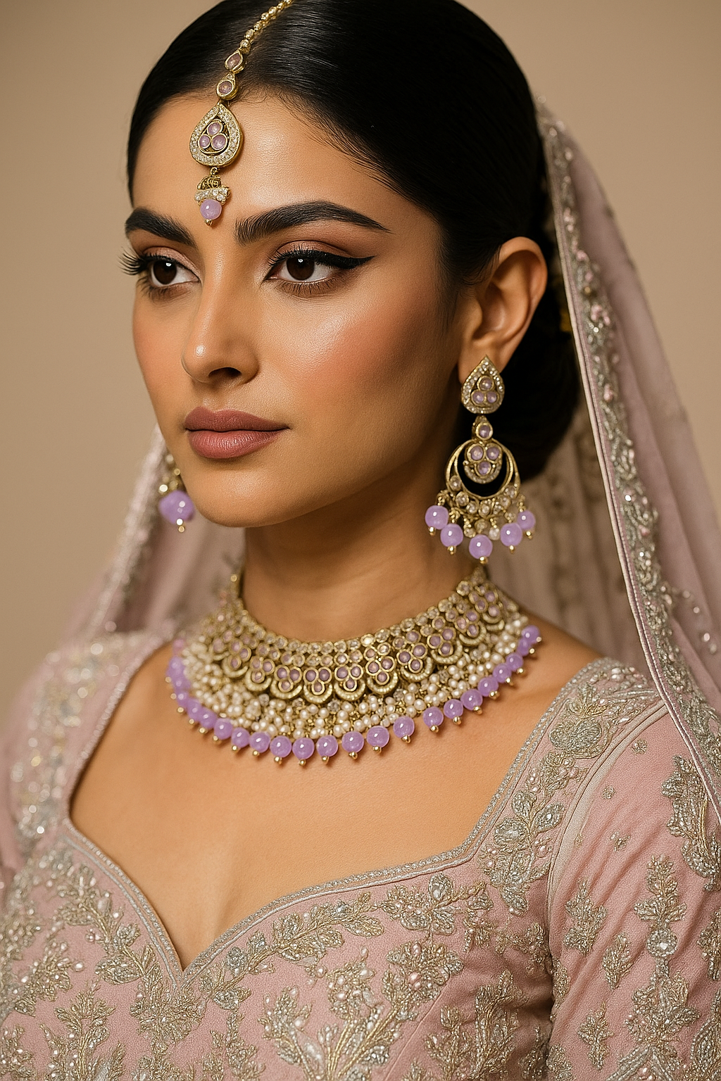 Polki Jewellery Necklace and Earring Set Indian Pakistani Lilac