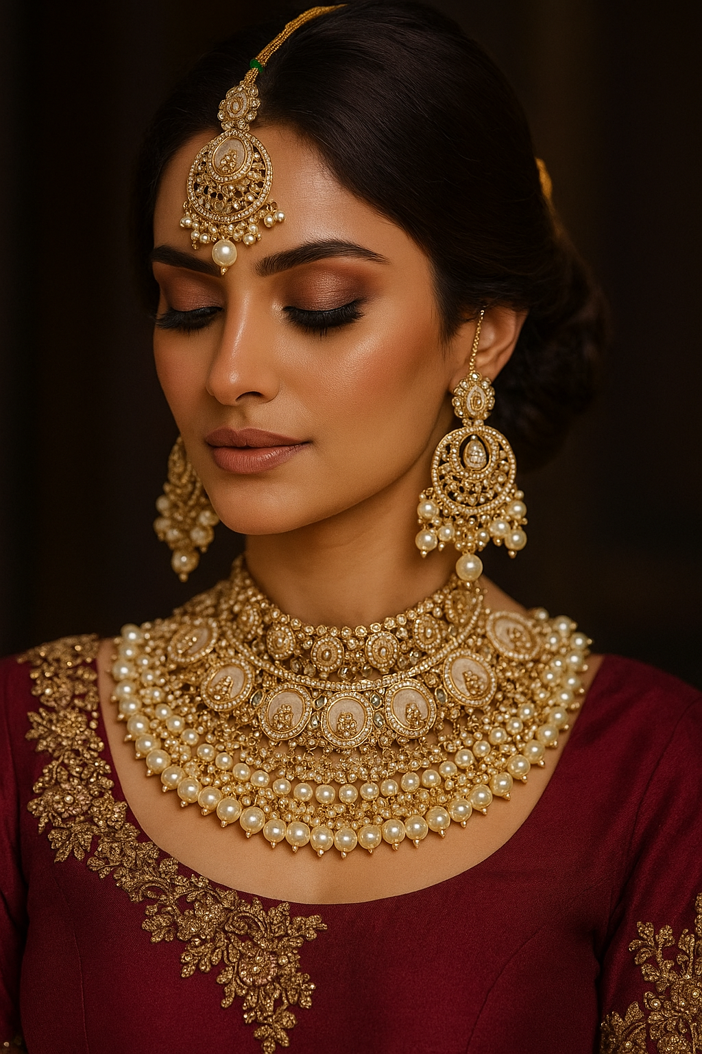 Luxury MOP Mother of Pearl Necklace and Earrings Maang Tikka Set