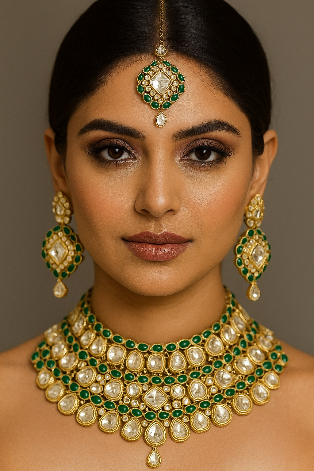 Indian UnCut Kundan Monalisa Stone Necklace Set Earrings Tikka Green Gold Plated
