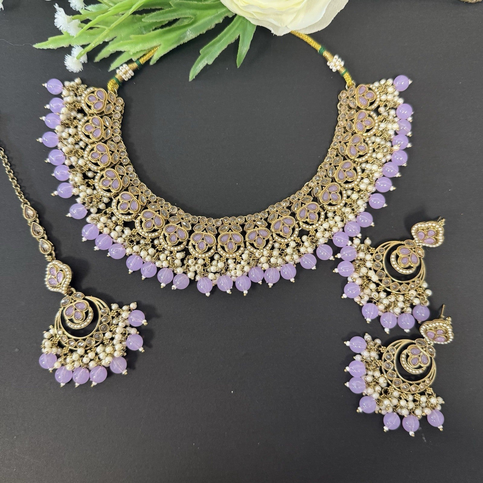 Polki Jewellery Necklace and Earring Set Indian Pakistani Lilac