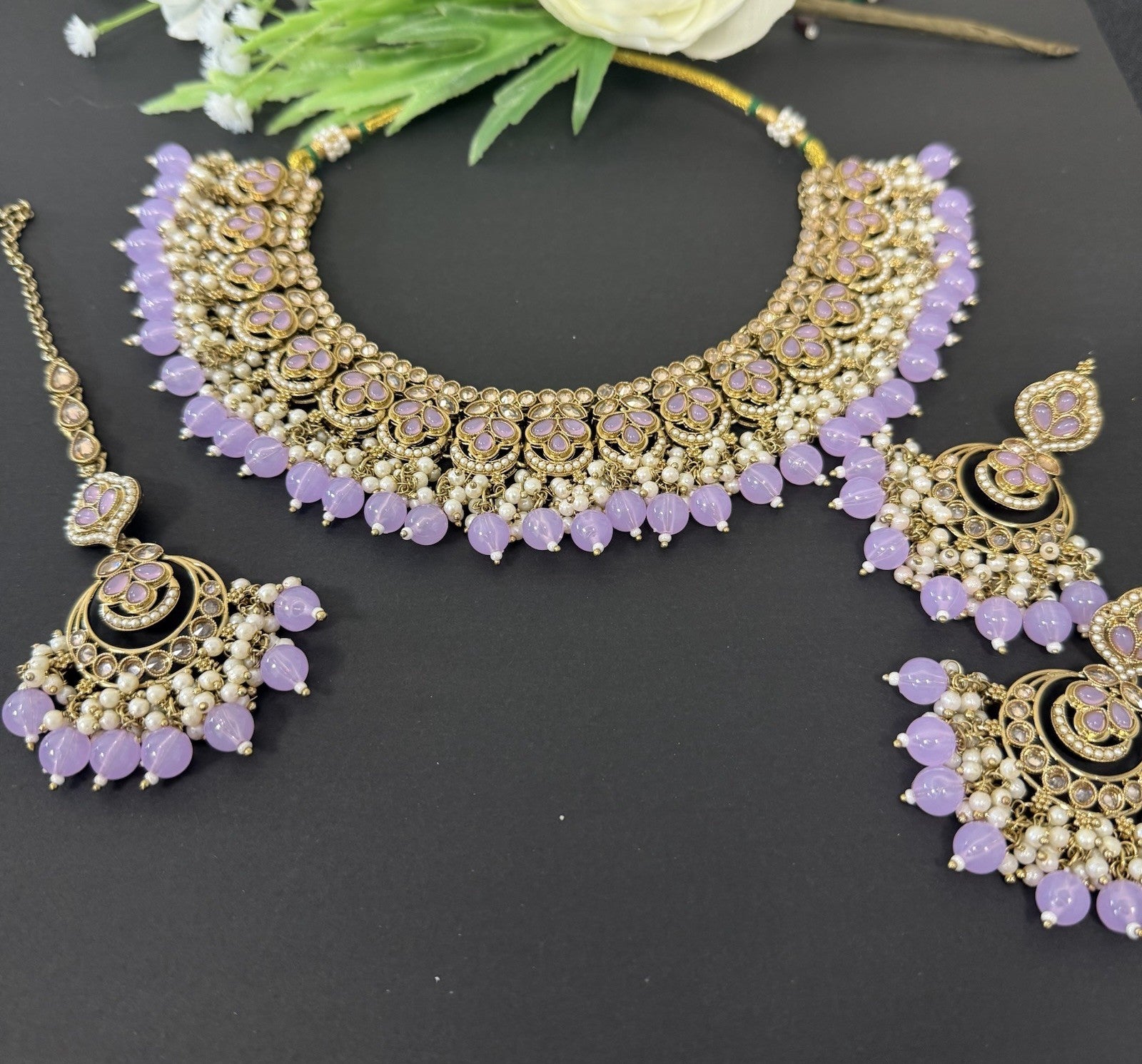 Polki Jewellery Necklace and Earring Set Indian Pakistani Lilac