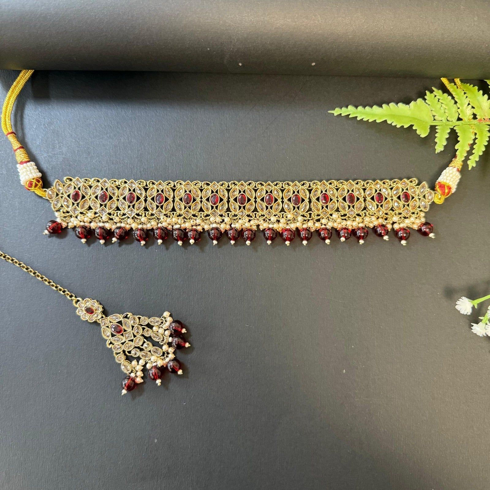 Indian Polki Choker Necklace Set Jhumka Maang Tikka Bridal Jewelry Maroon