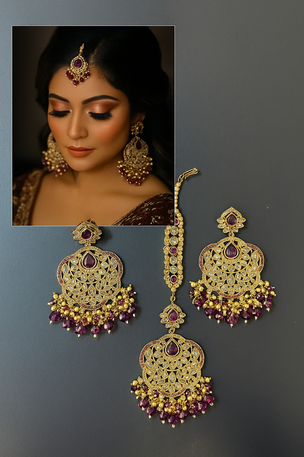 Gold Purple Jewelry Set Earrings Maang Tikka Indian Wedding Jewelry Stones Pearl