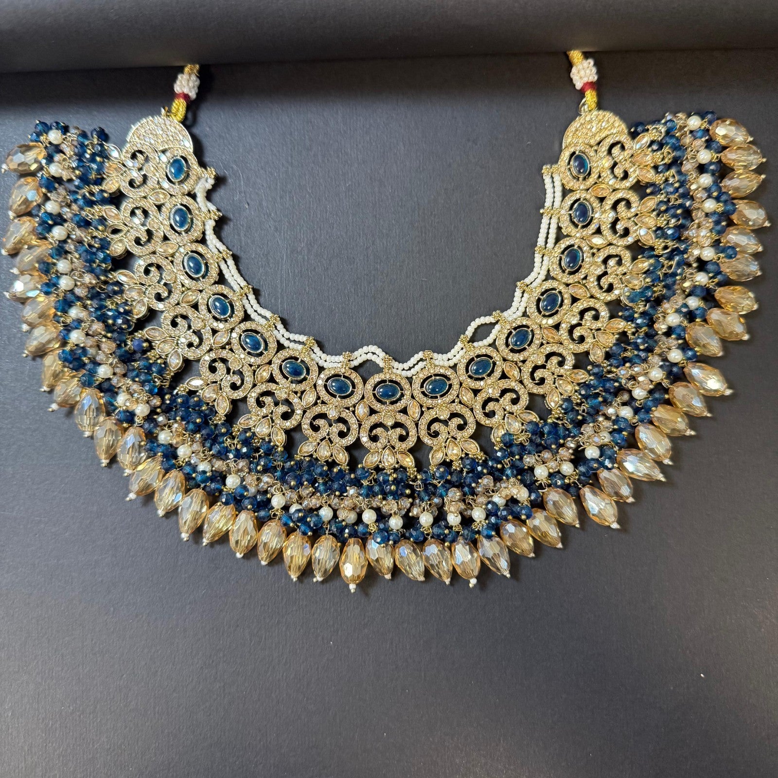 Blue Jewelry Set Gold Plated Pearl Necklace Earrings Maang Tikka Indian Wedding