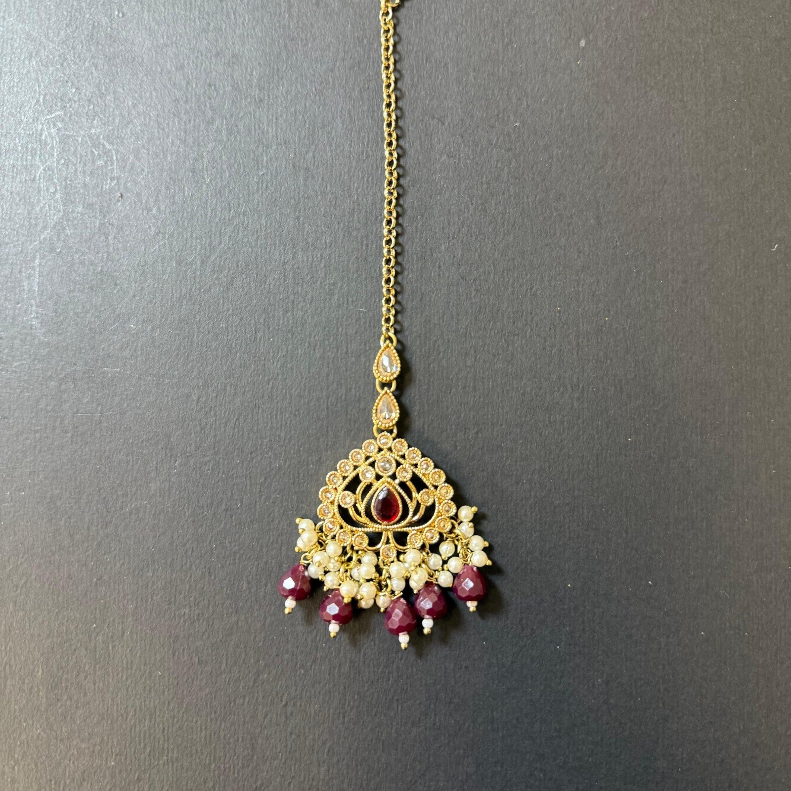 Indian Polki Choker Necklace Set Maroon Beads Gold Finish Earrings Tikka