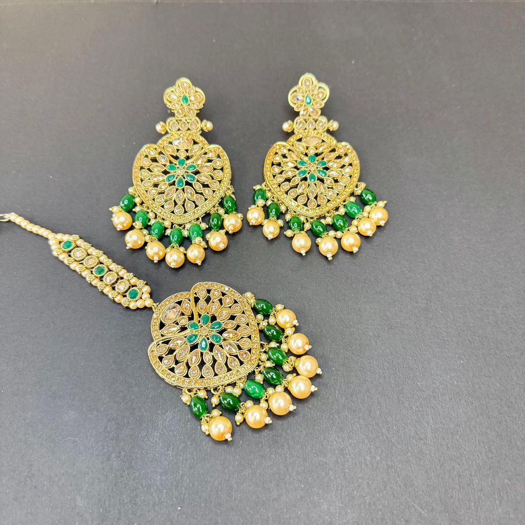Indian Kundan Earring Tikka Set Gold-Plated Bridal Jewelry Green Stones Pearls