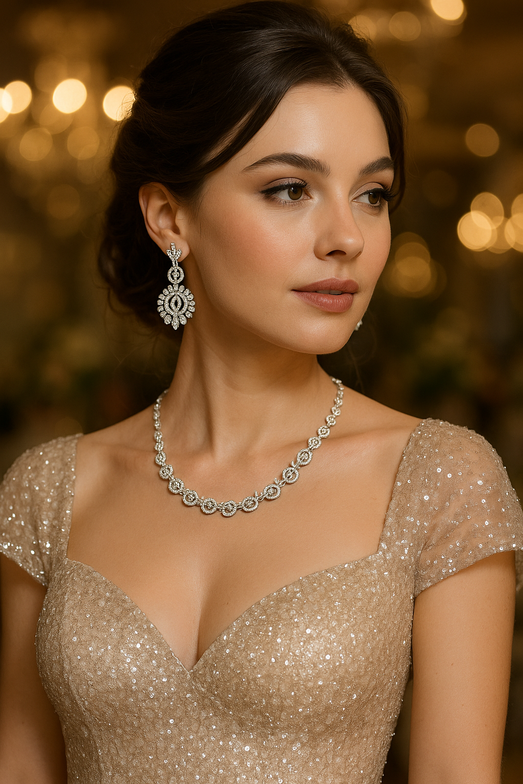 American Diamond (AD) Necklace Earrings Set Wedding Party Jewelry Silver Plated