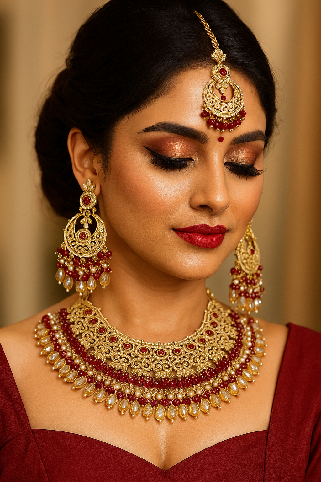 Bollywood Indian Wedding Jewelry Set Maroon Gold Plated Necklace Earrings& Tikka