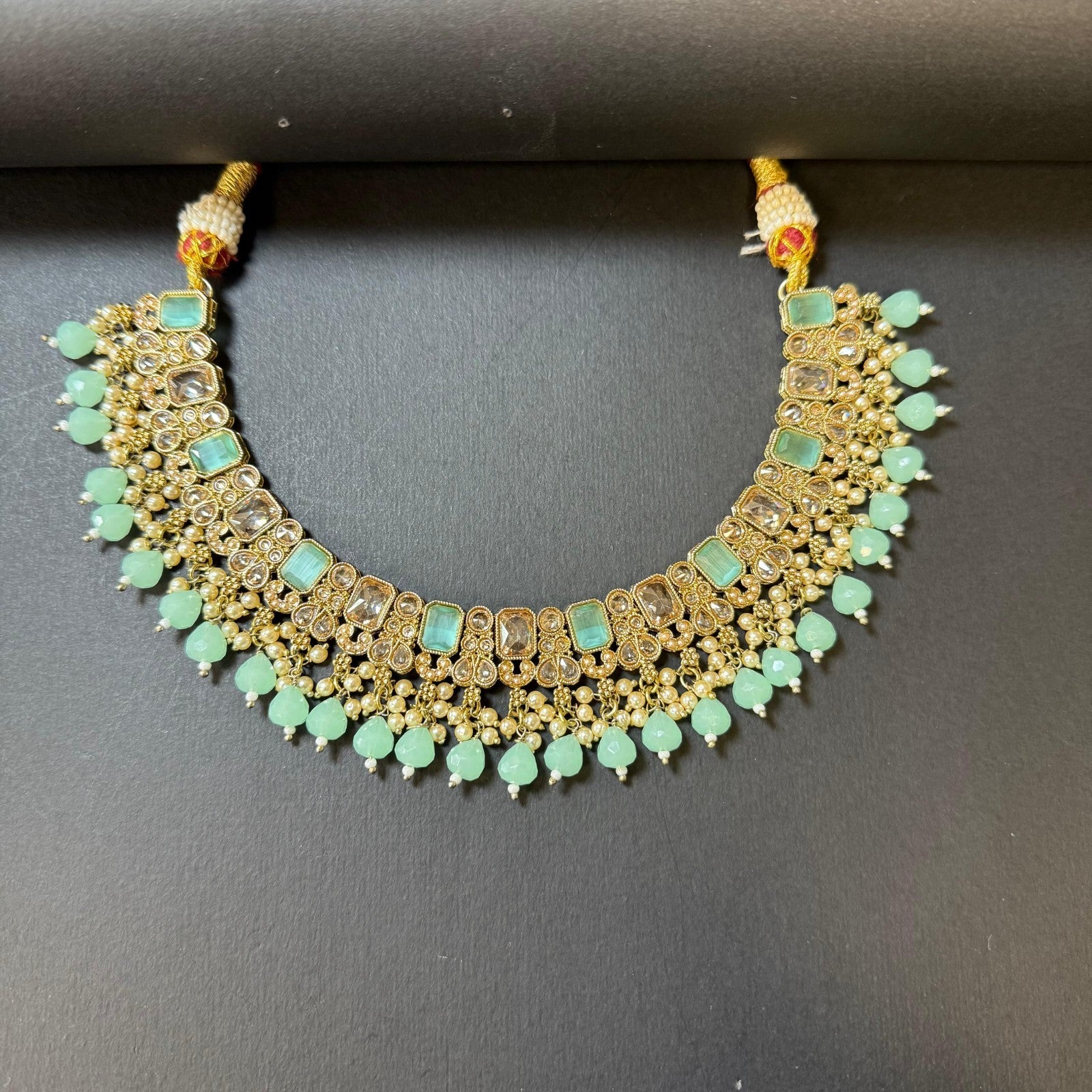 Mint Green Stone Pearl Indian Necklace Set Earrings & Maang Tikka Gold Plated