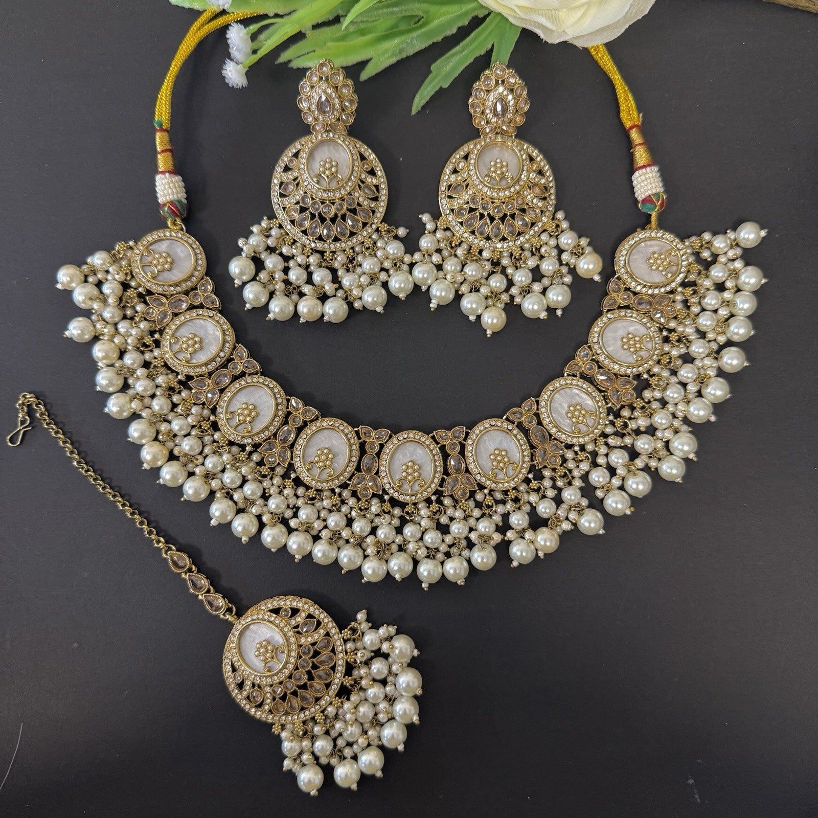 Luxury MOP Mother of Pearl Necklace and Earrings Maang Tikka Set