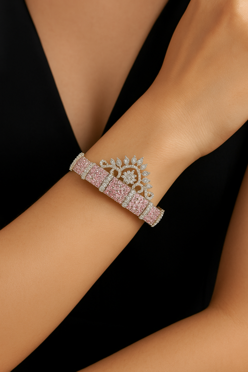 2.6 Silver Baby Pink Bracelet Stones Brass American Diamond Bangle Party Jewelry