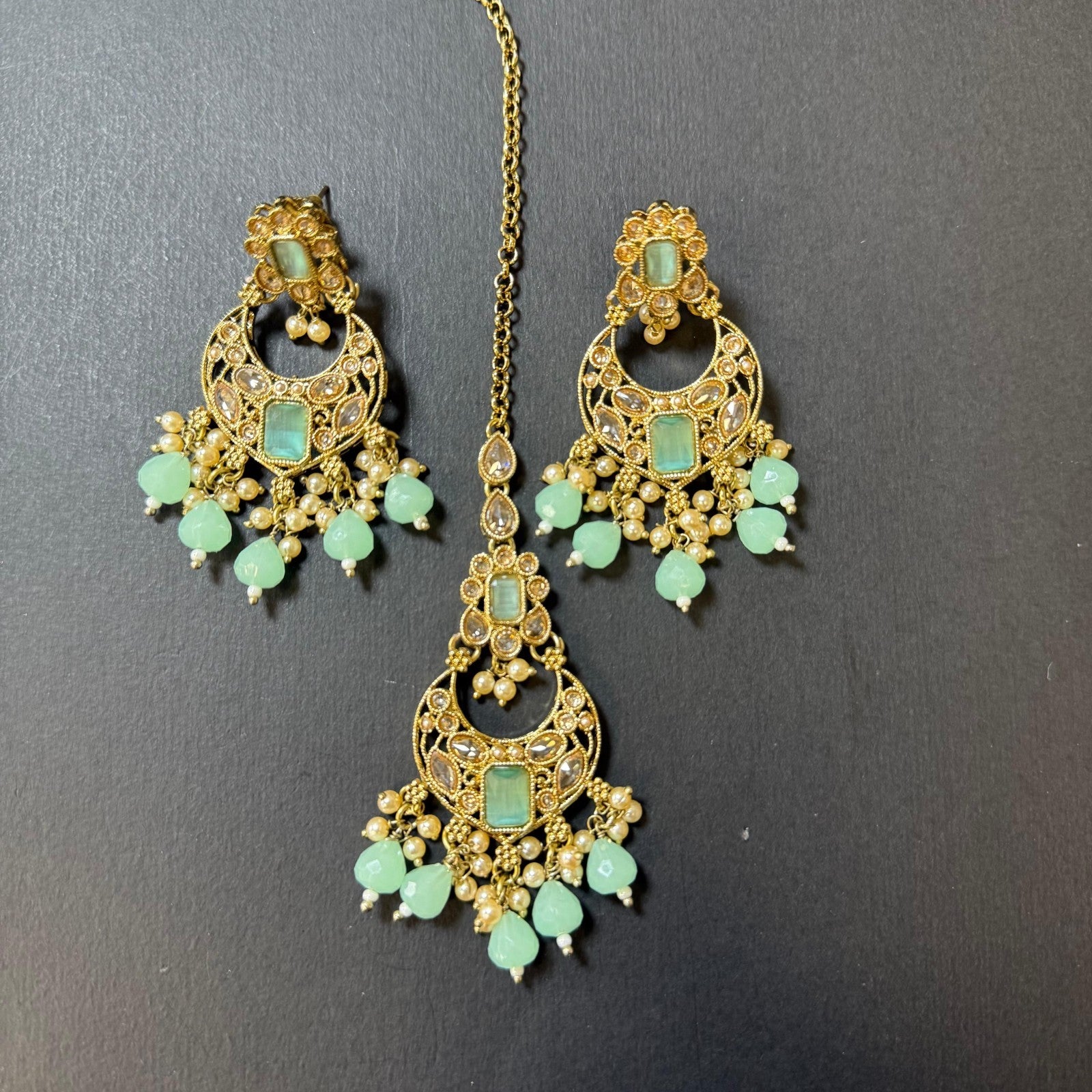 Mint Green Stone Pearl Indian Necklace Set Earrings & Maang Tikka Gold Plated