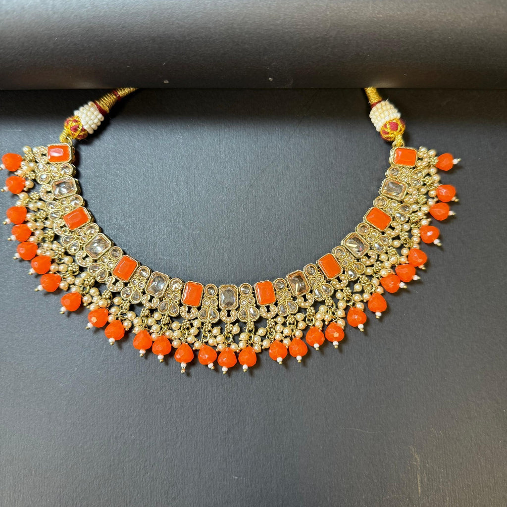 Indian Weeding Necklace Set Earrings Maang Tikka Gold Plated Orange Stone Pearl