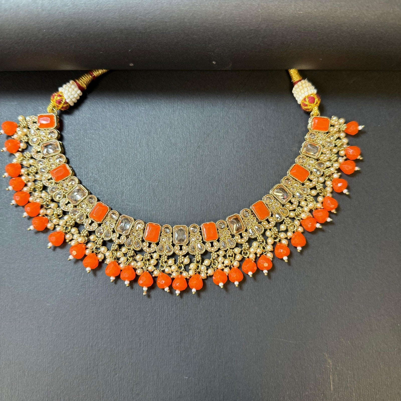Indian Weeding Necklace Set Earrings Maang Tikka Gold Plated Orange Stone Pearl