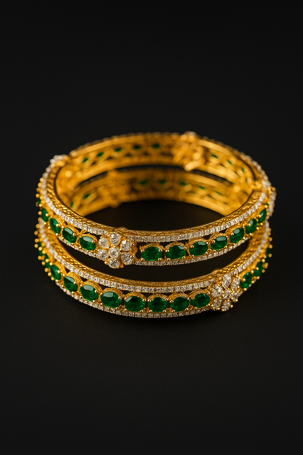 2.8 Gold Plated Bangles Set  2PCS  Emerald Green Stones & CZ Flowers Bridal Gift