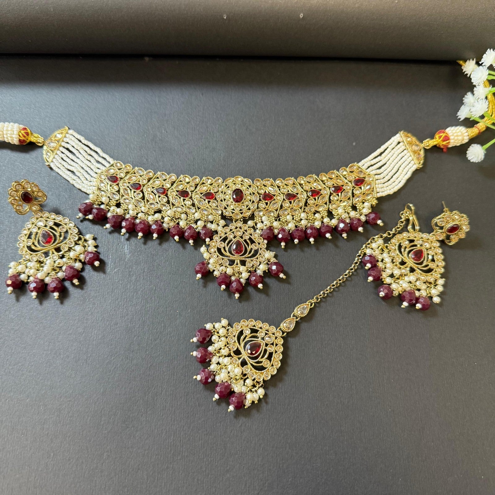 Indian Polki Choker Necklace Set Maroon Beads Gold Finish Earrings Tikka