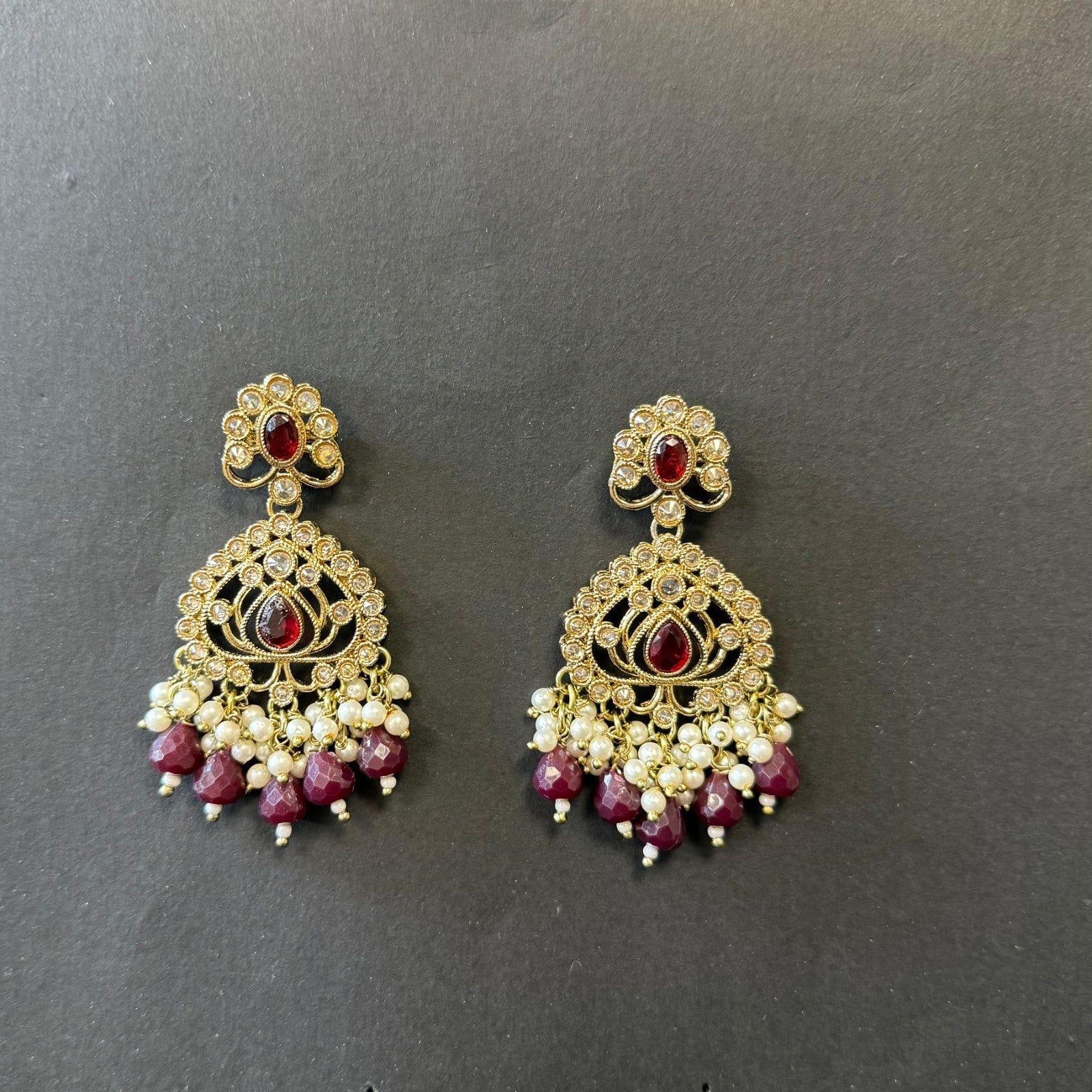 Indian Polki Choker Necklace Set Maroon Beads Gold Finish Earrings Tikka