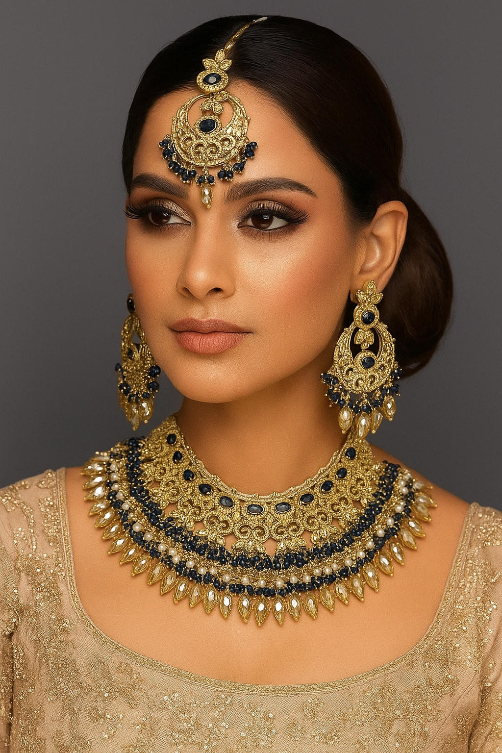 Blue Jewelry Set Gold Plated Pearl Necklace Earrings Maang Tikka Indian Wedding