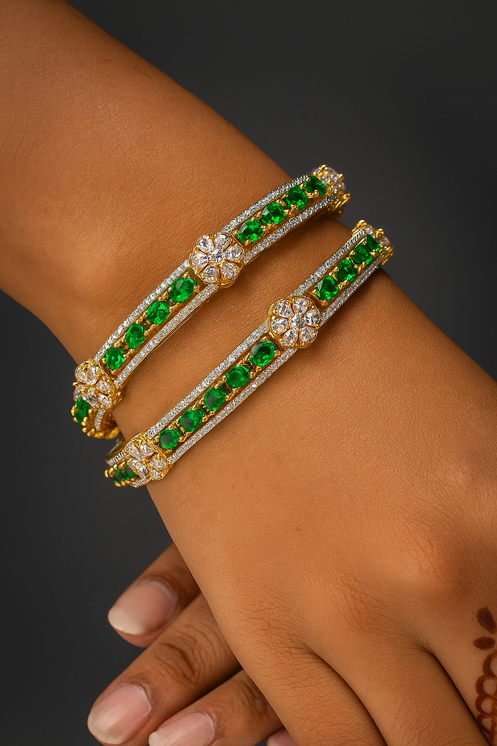 2.8 Gold Plated Bangles Set  2PCS  Emerald Green Stones & CZ Flowers Bridal Gift