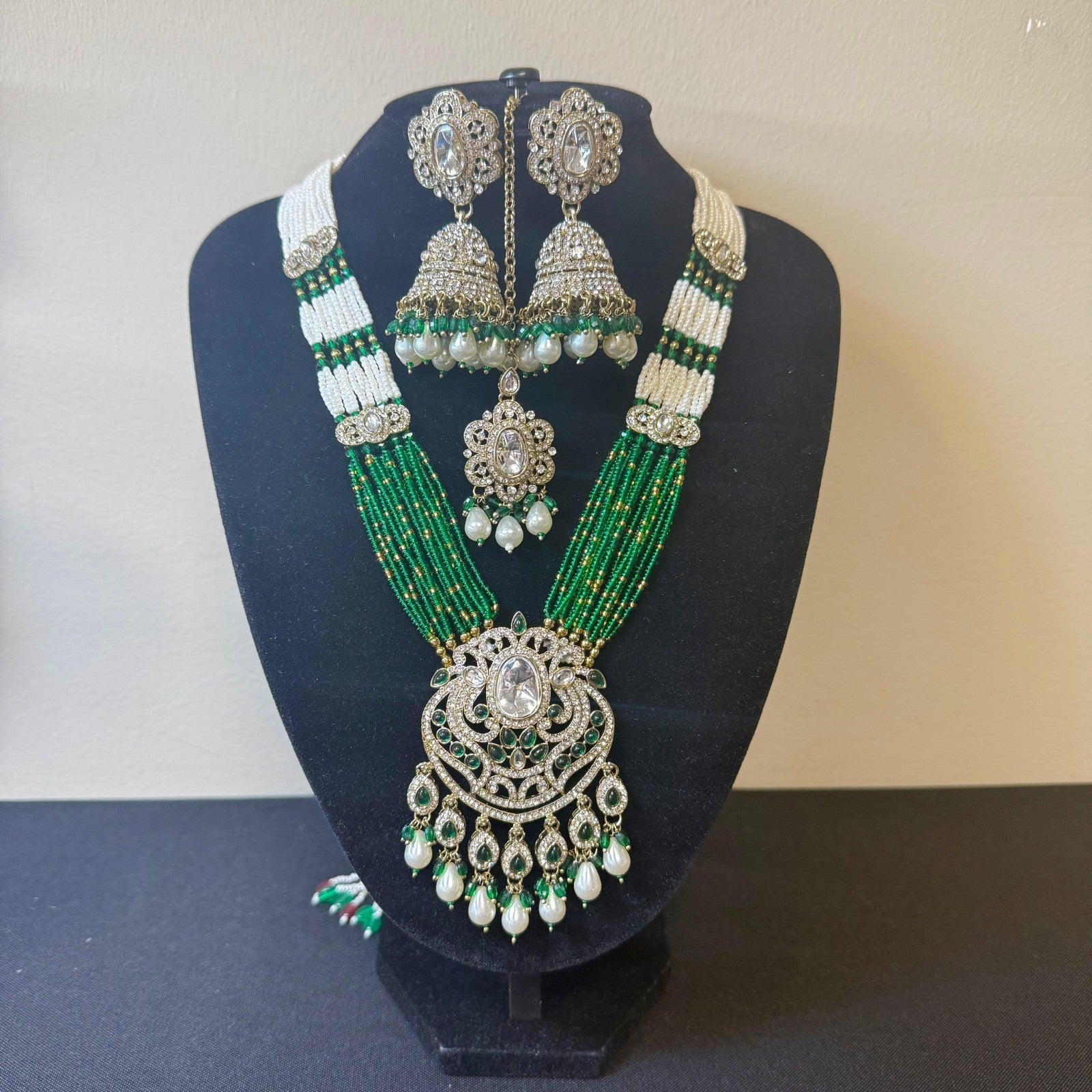 Bridal Kundan American Diamond Jewelry Set – Green &White Beaded Necklace