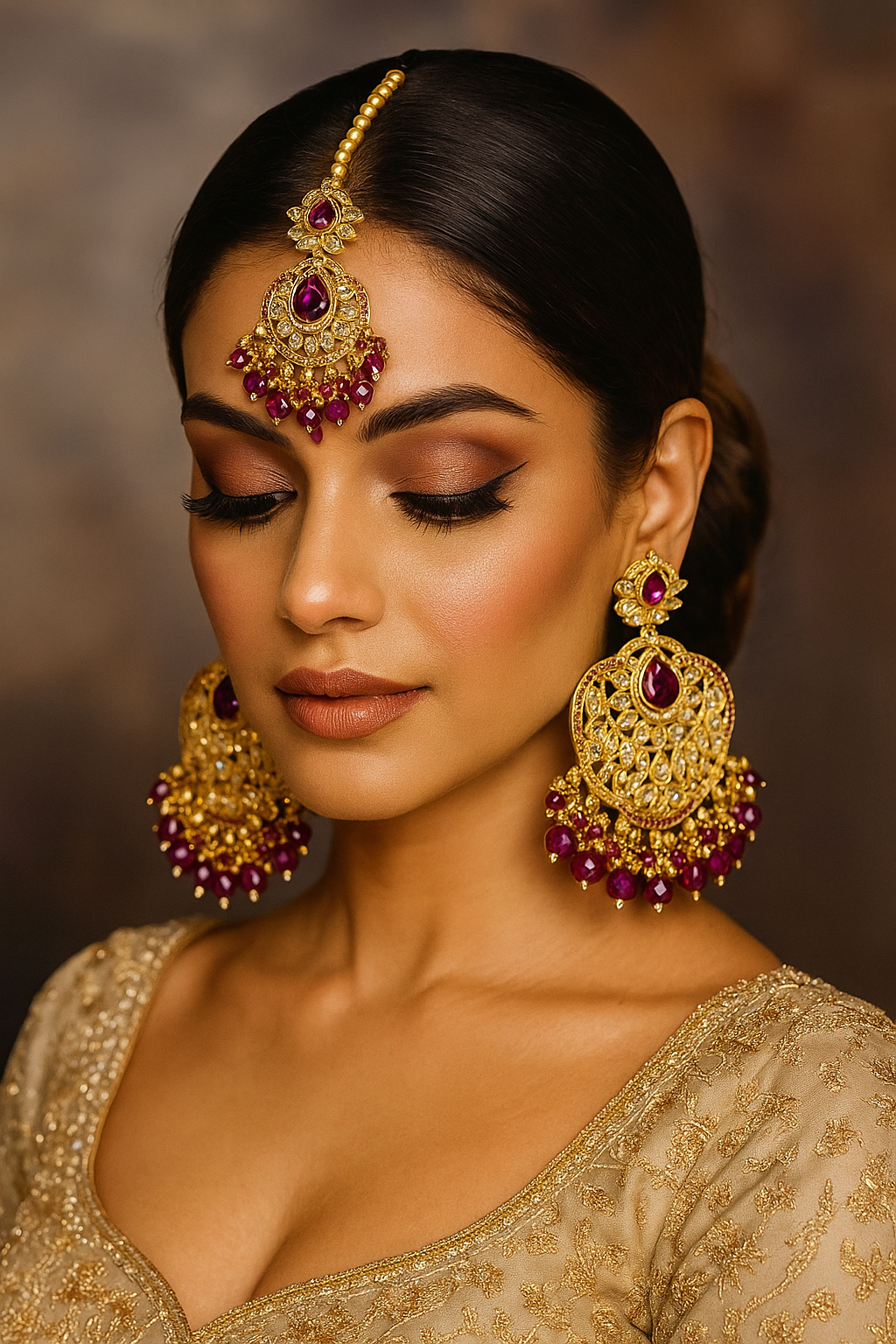 Gold Purple Jewelry Set Earrings Maang Tikka Indian Wedding Jewelry Stones Pearl
